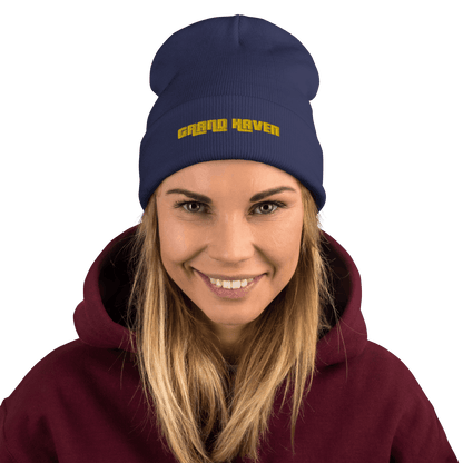 'Grand Haven' Winter Beanie (1970s Font) | Gold Embroidery - Circumspice Michigan