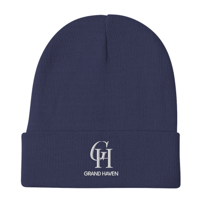 'GH Grand Haven' Winter Beanie (Luxury Goods Parody) | White Embroidery - Circumspice Michigan