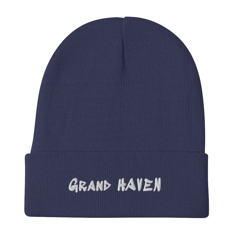 'Grand Haven' Winter Beanie (1980s Hip Hop Font) | White/Black Embroidery - Circumspice Michigan