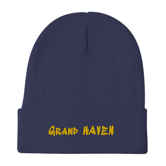 'Grand Haven' Winter Beanie (1980s Hip Hop Font) | Gold Embroidery - Circumspice Michigan