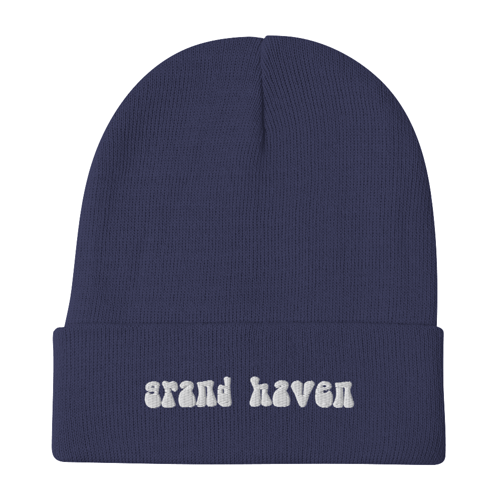 'Grand Haven' Winter Beanie (1960s Font) | White Embroidery - Circumspice Michigan