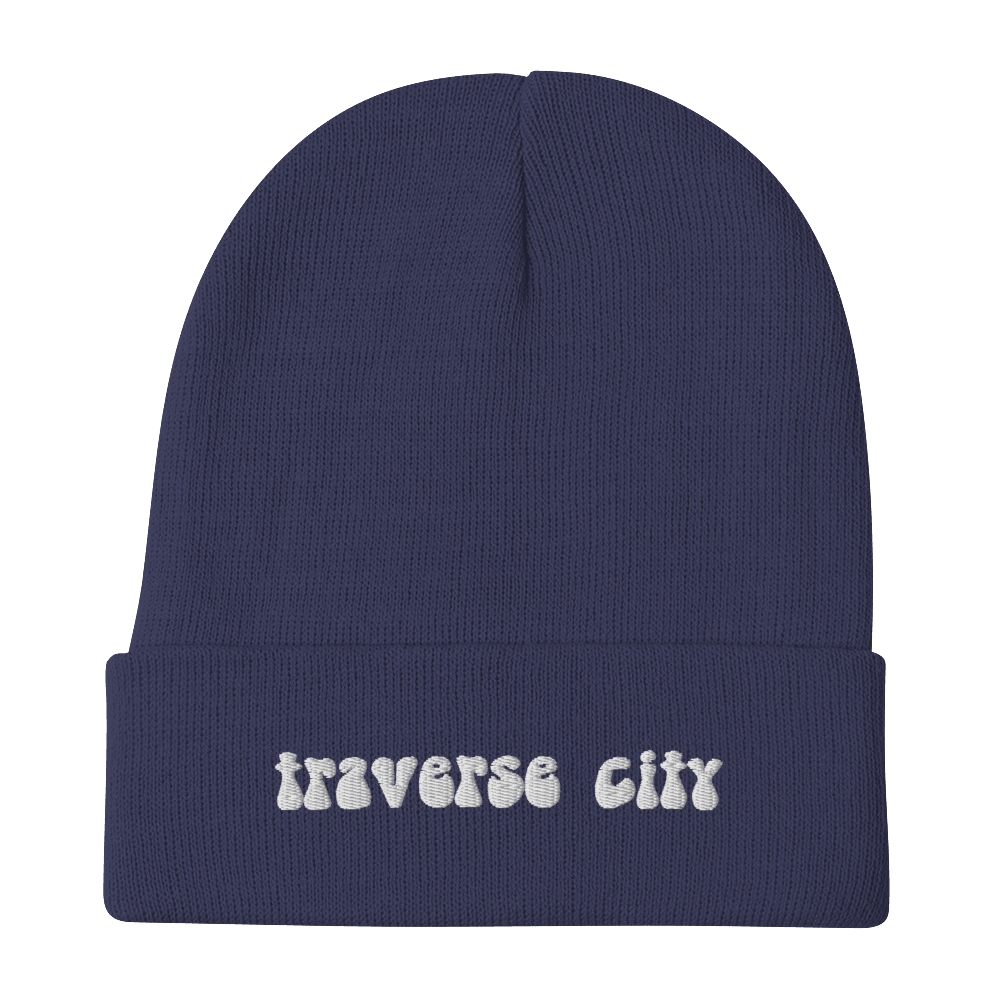 'Traverse City' Winter Beanie (1960s Font) | White/Black Embroidery - Circumspice Michigan