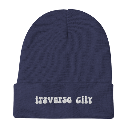 'Traverse City' Winter Beanie (1960s Font) | White/Black Embroidery - Circumspice Michigan