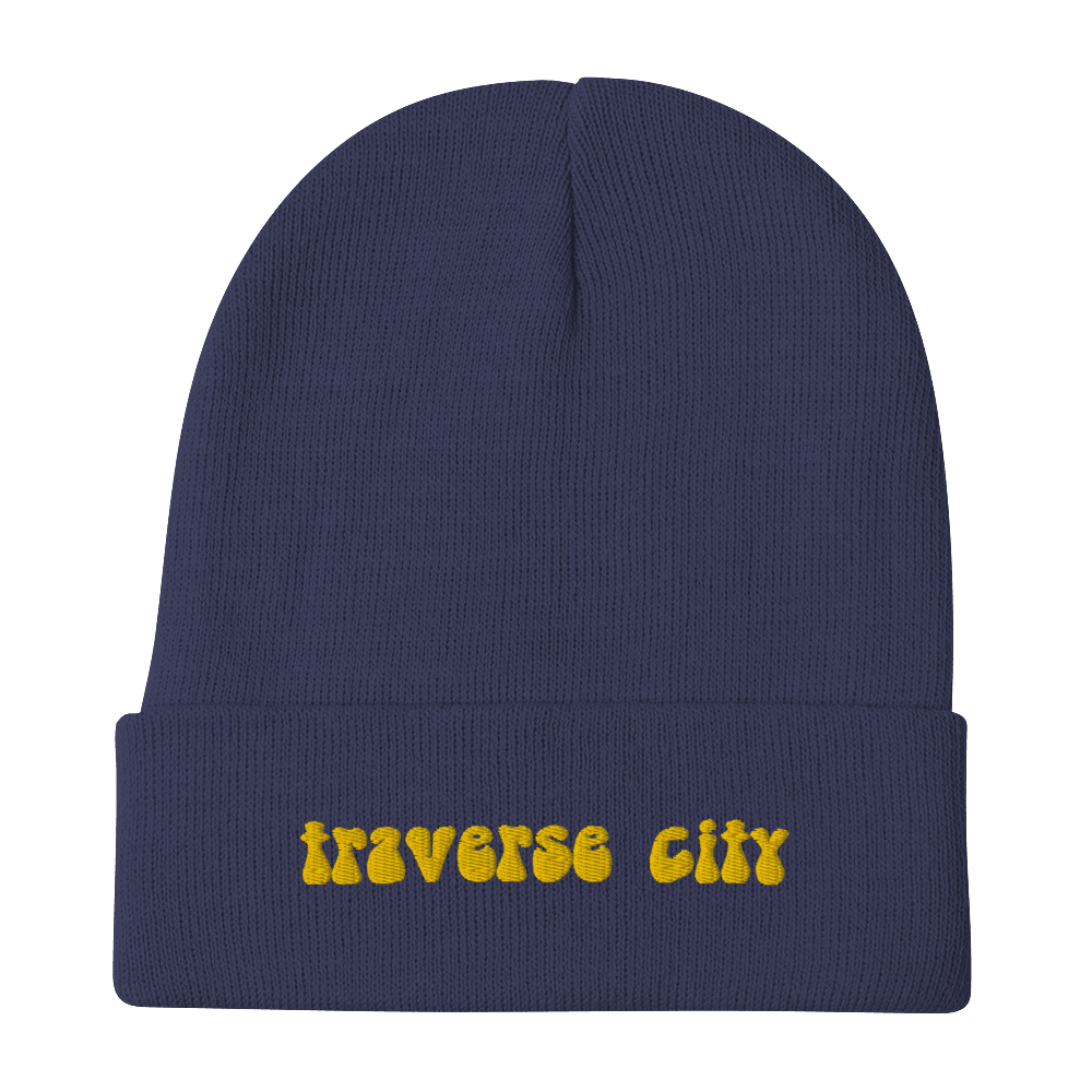 'Traverse City' Winter Beanie (1960s Font) | Gold Embroidery - Circumspice Michigan