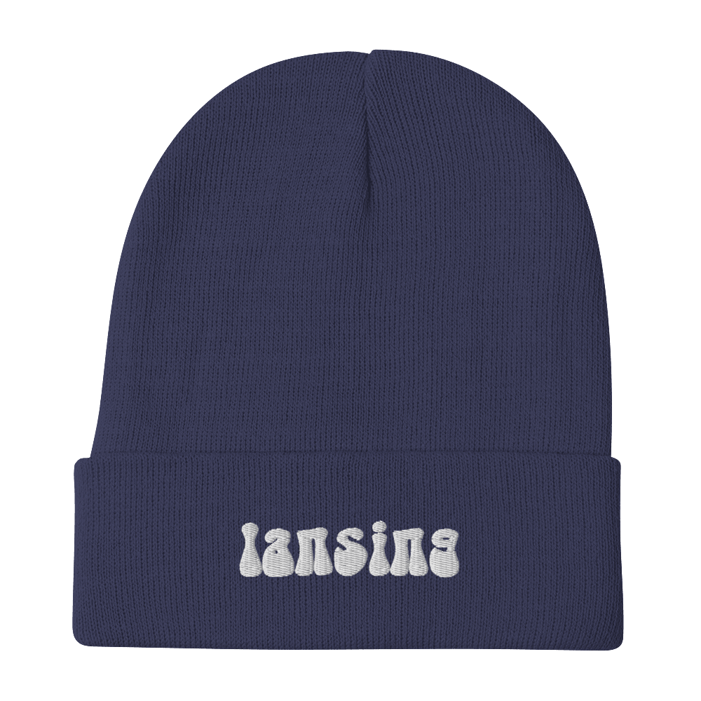 'Lansing' Winter Beanie (1960s Font) | White/Black Embroidery - Circumspice Michigan