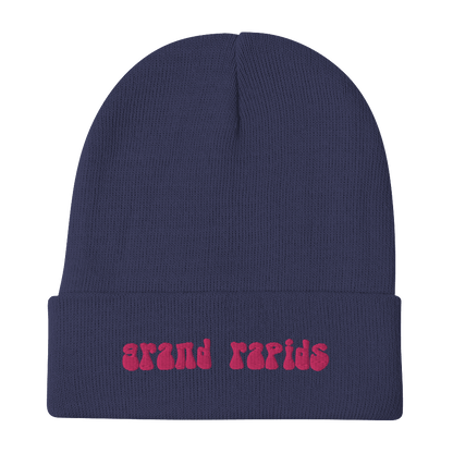 'Grand Rapids' Winter Beanie (1960s Font) | Pink Embroidery - Circumspice Michigan