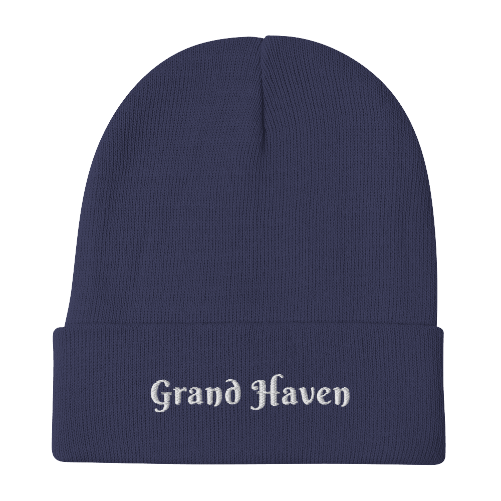 'Grand Haven' Winter Beanie (Swash Font) | White/Black Embroidery - Circumspice Michigan