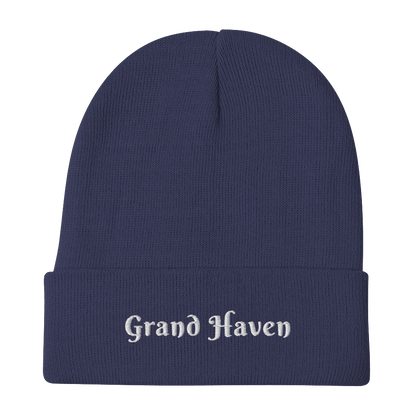 'Grand Haven' Winter Beanie (Swash Font) | White/Black Embroidery - Circumspice Michigan