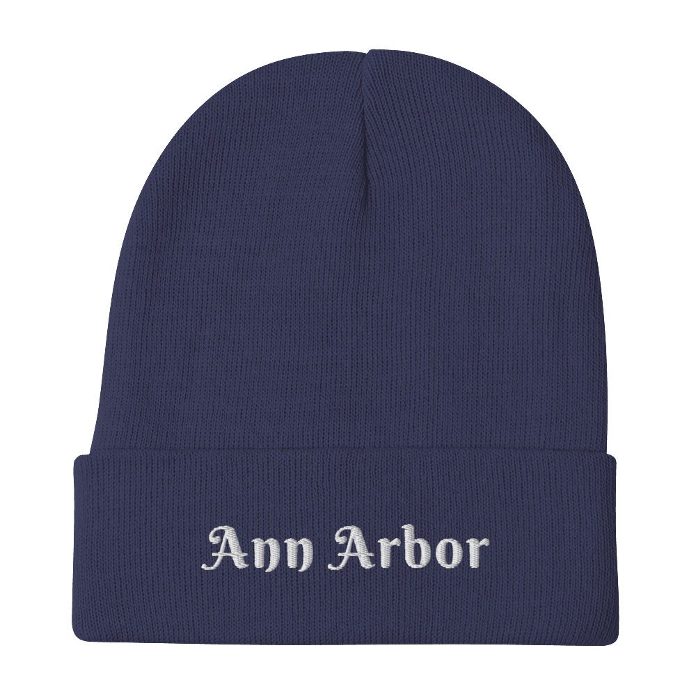 'Ann Arbor' Winter Beanie (Swash Font) l White/Black Embroidery - Circumspice Michigan