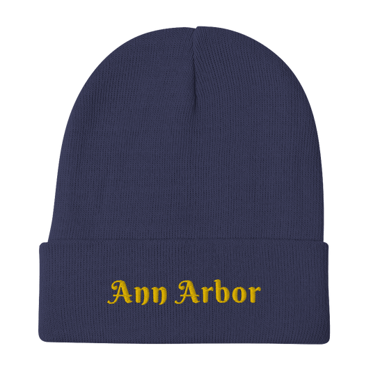 'Ann Arbor' Winter Beanie (Swash Font) | Gold Embroidery - Circumspice Michigan