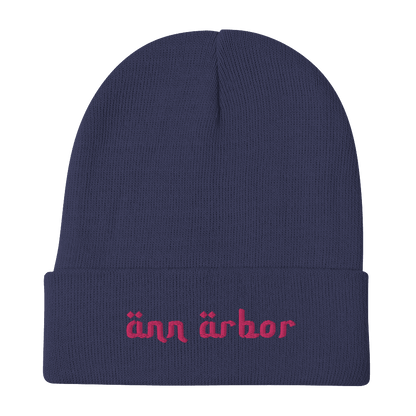 'Ann Arbor' Winter Beanie (Arabic-Style Font) | Pink Embroidery - Circumspice Michigan