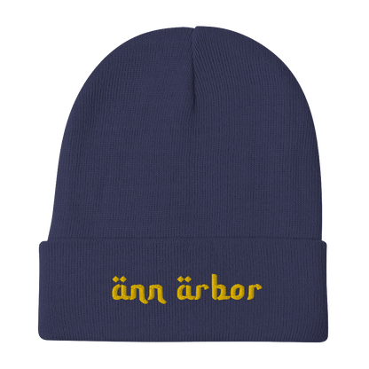 'Ann Arbor' Winter Beanie (Arabic-Style Font) l Gold Embroidery - Circumspice Michigan