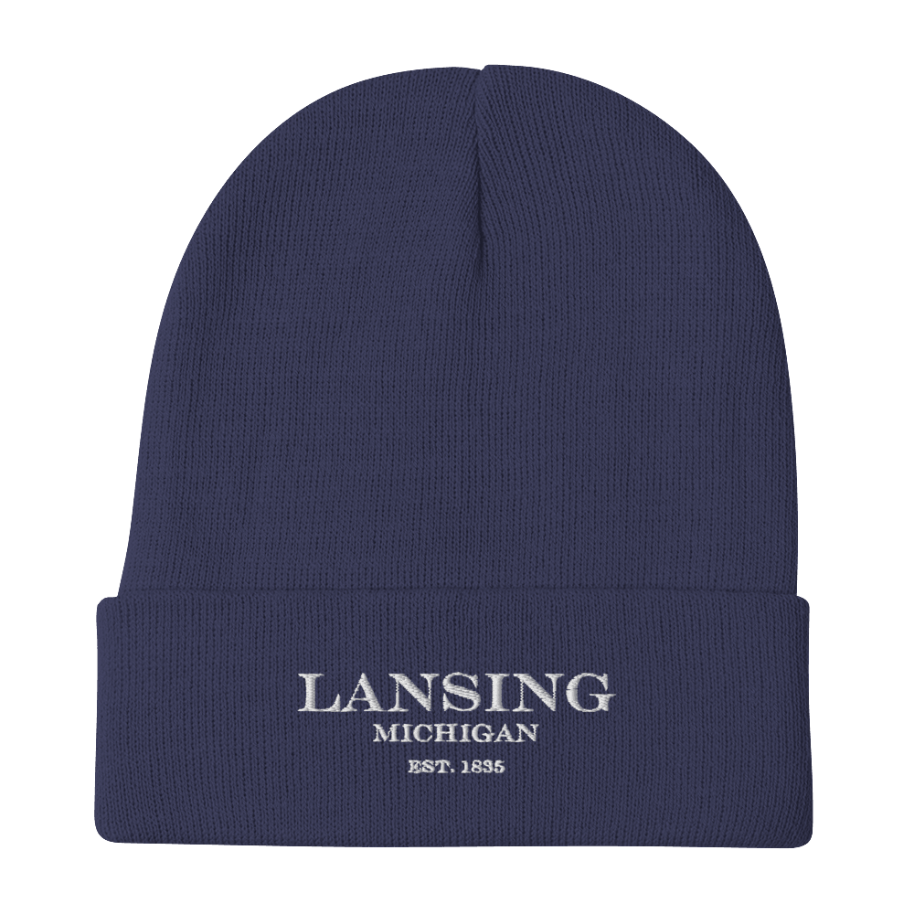 'Lansing Michigan EST 1835' Winter Beanie | White Embroidery - Circumspice Michigan