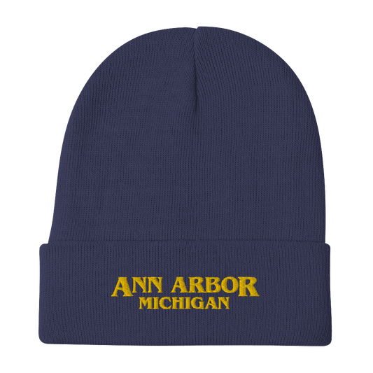 'Ann Arbor Michigan' Winter Beanie (1980s Drama Parody) | Gold Embroidery - Circumspice Michigan