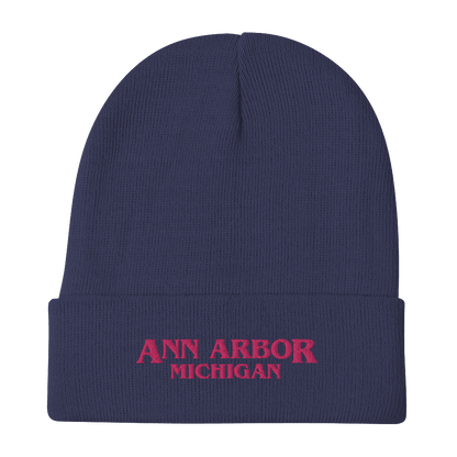 'Ann Arbor Michigan' Winter Beanie (1980s Drama Parody) | Pink Embroidery - Circumspice Michigan