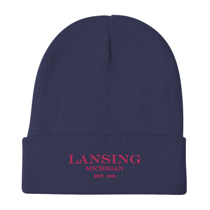 'Lansing Michigan EST 1835' Winter Beanie | Pink Embroidery - Circumspice Michigan