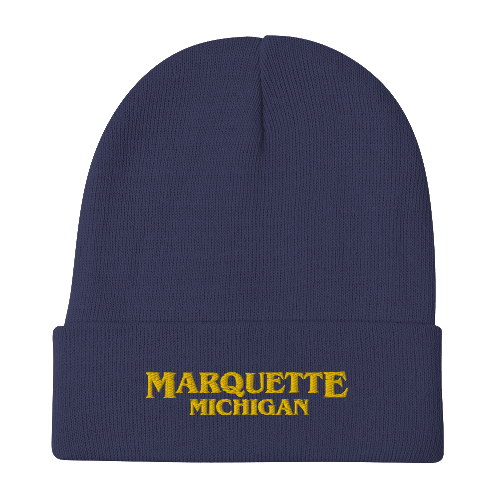 'Marquette Michigan' Winter Beanie (1980s Drama Parody) | Gold Embroidery - Circumspice Michigan