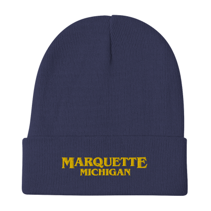 'Marquette Michigan' Winter Beanie (1980s Drama Parody) | Gold Embroidery - Circumspice Michigan