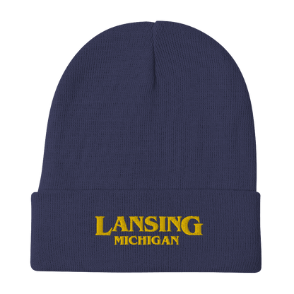 'Lansing Michigan' Winter Beanie (1980s Drama Parody) | Gold Embroidery - Circumspice Michigan