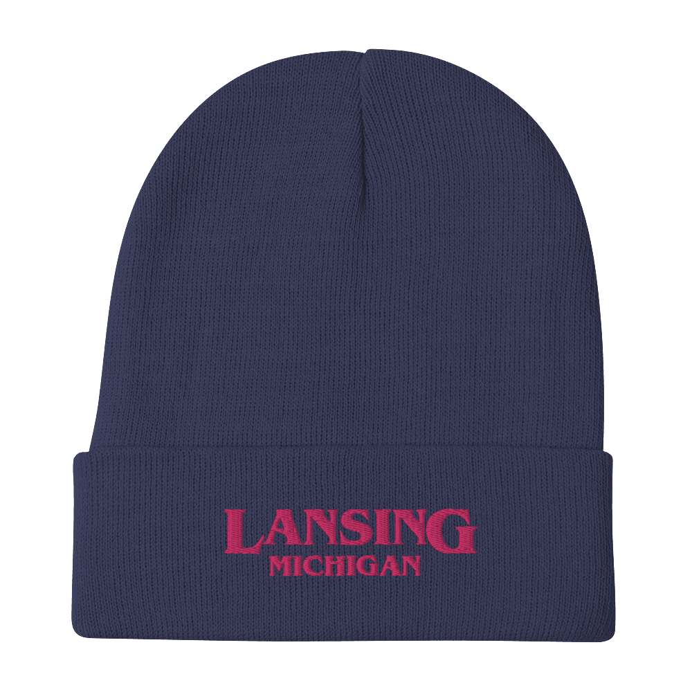 'Lansing Michigan' Winter Beanie (1980s Drama Parody) | Pink Embroidery - Circumspice Michigan