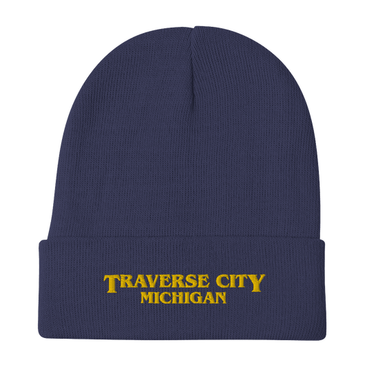 'Traverse City Michigan' Winter Beanie (1980s Drama Parody) | Gold Embroidery - Circumspice Michigan