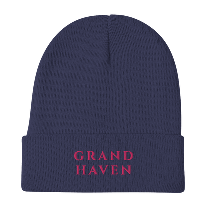 'Grand Haven' Winter Beanie (Roman-Style Serif Font) | Pink Embroidery - Circumspice Michigan