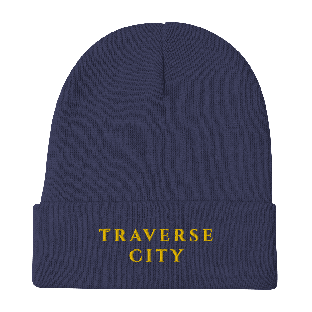 'Traverse City' Winter Beanie (Roman-Style Serif Font) | Gold Embroidery - Circumspice Michigan