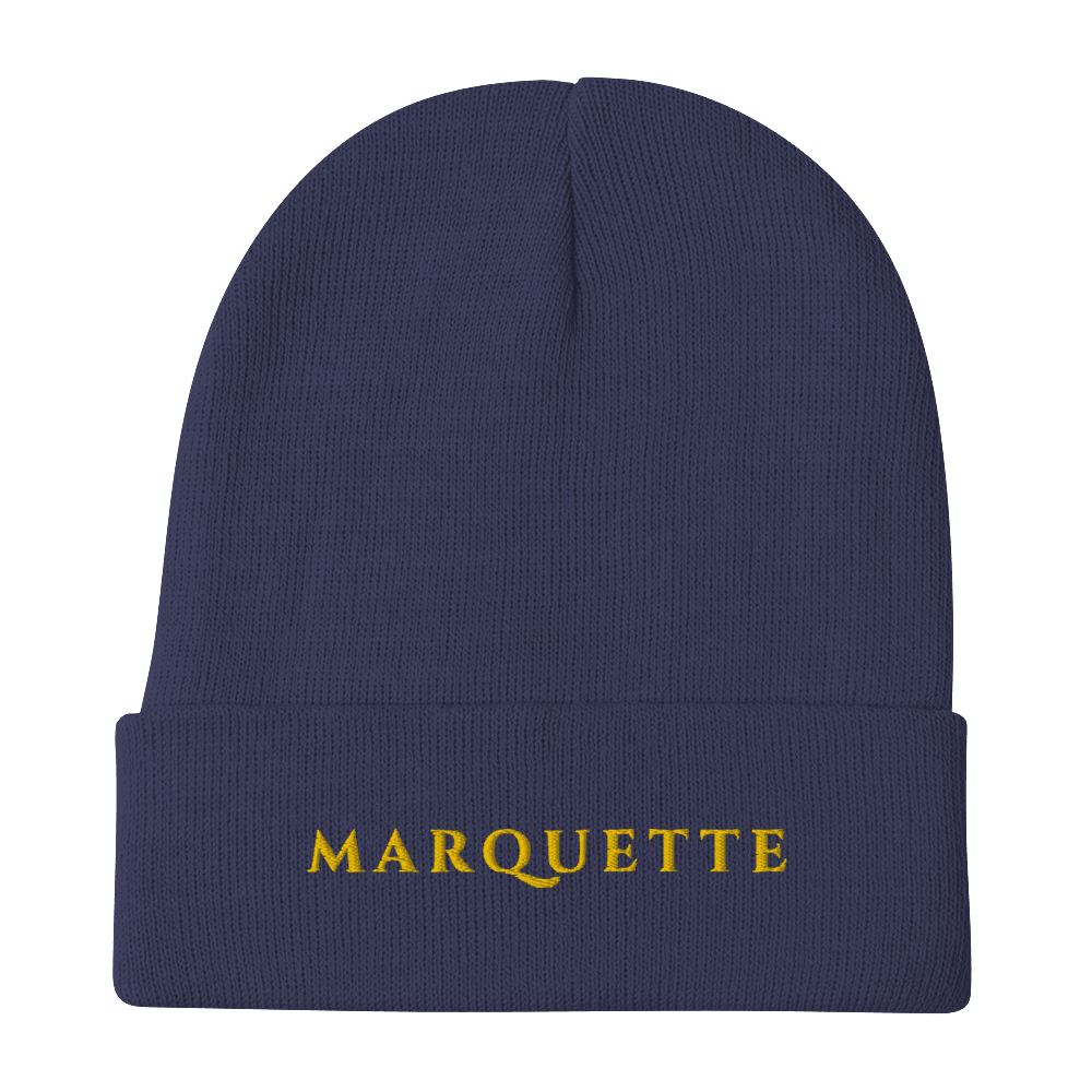 'Marquette' Winter Beanie (Roman-Style Serif Font) | Gold Embroidery - Circumspice Michigan