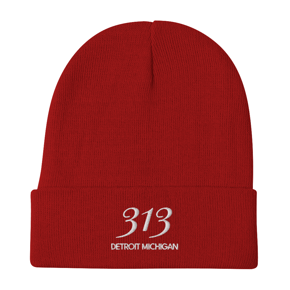 '313 Detroit Michigan' Winter Beanie | White Embroidery - Circumspice Michigan