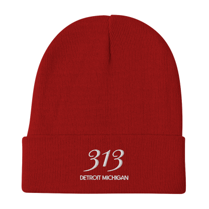 '313 Detroit Michigan' Winter Beanie | White Embroidery - Circumspice Michigan