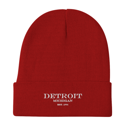 'Detroit Michigan EST. 1701' Winter Beanie | White Embroidery - Circumspice Michigan