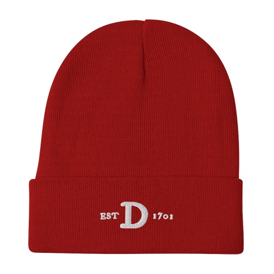 Detroit 'EST 1701' Winter Beanie (w/ Old French D) | White/Navy Embroidery - Circumspice Michigan