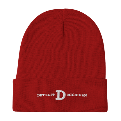 'Detroit Michigan' Winter Beanie (w/ Old French D) | White Embroidery - Circumspice Michigan