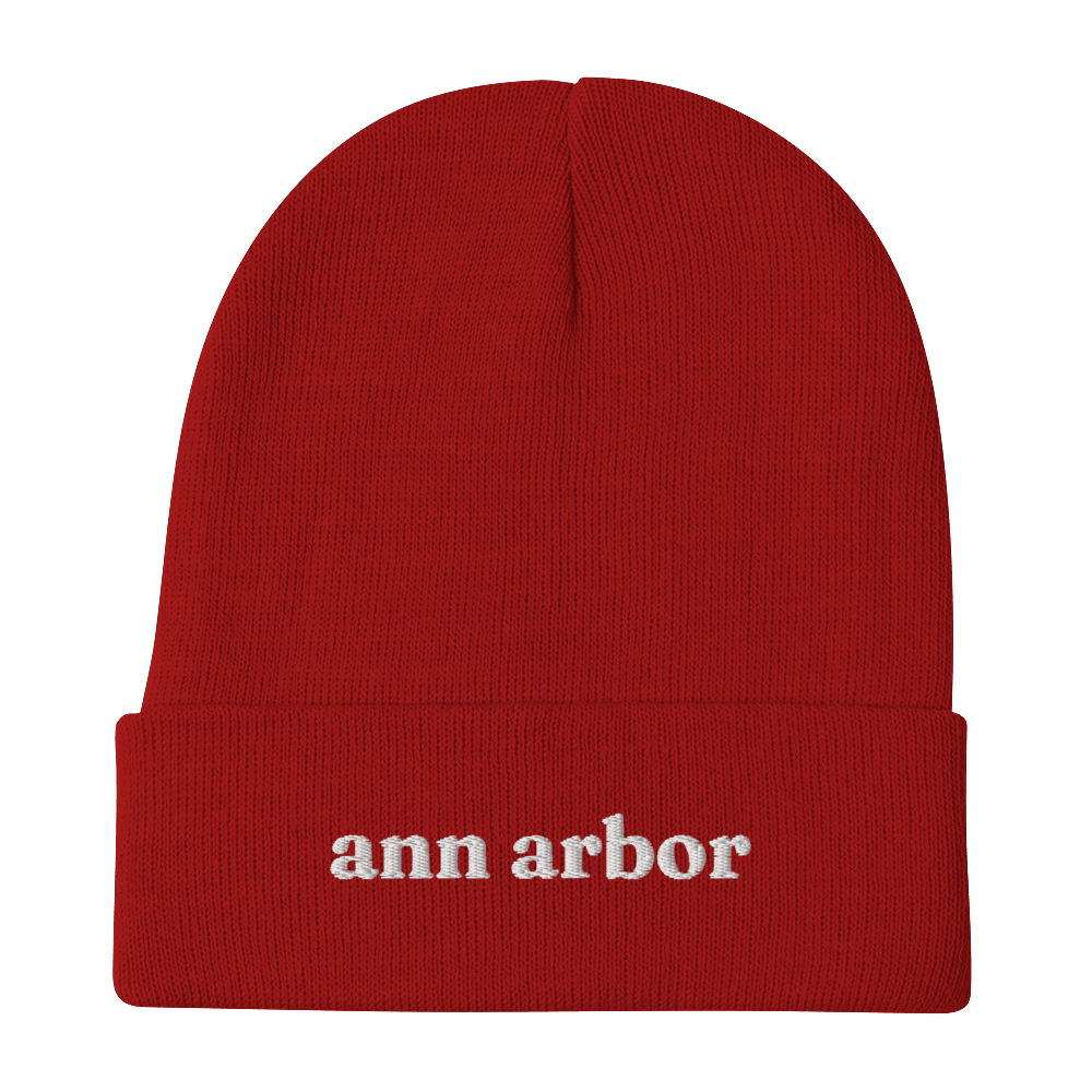 'Ann Arbor' Winter Beanie (Old-Style Serif Font) | White/Navy Embroidery - Circumspice Michigan