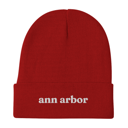 'Ann Arbor' Winter Beanie (Old-Style Serif Font) | White/Navy Embroidery - Circumspice Michigan