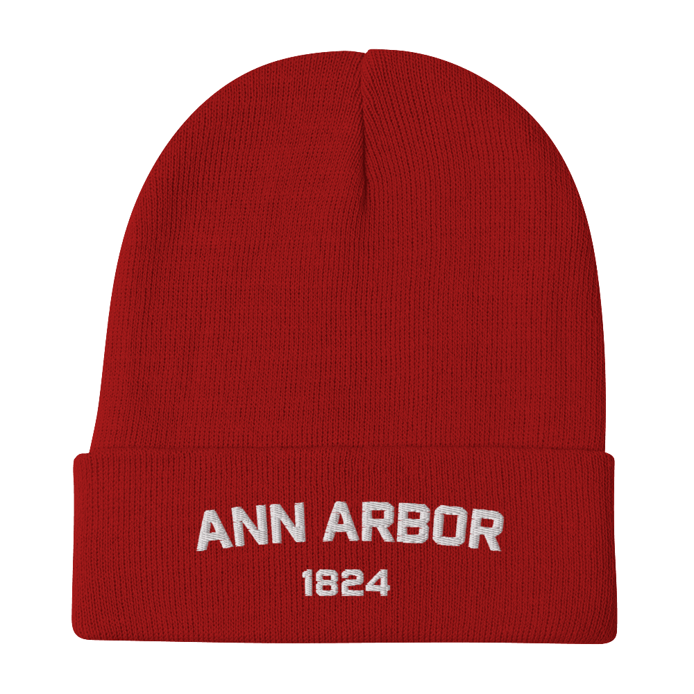 'Ann Arbor 1824' Winter Beanie | White/Navy Embroidery - Circumspice Michigan