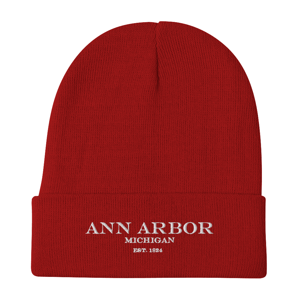 'Ann Arbor Michigan EST 1824' Winter Beanie | White/Black Embroidery - Circumspice Michigan