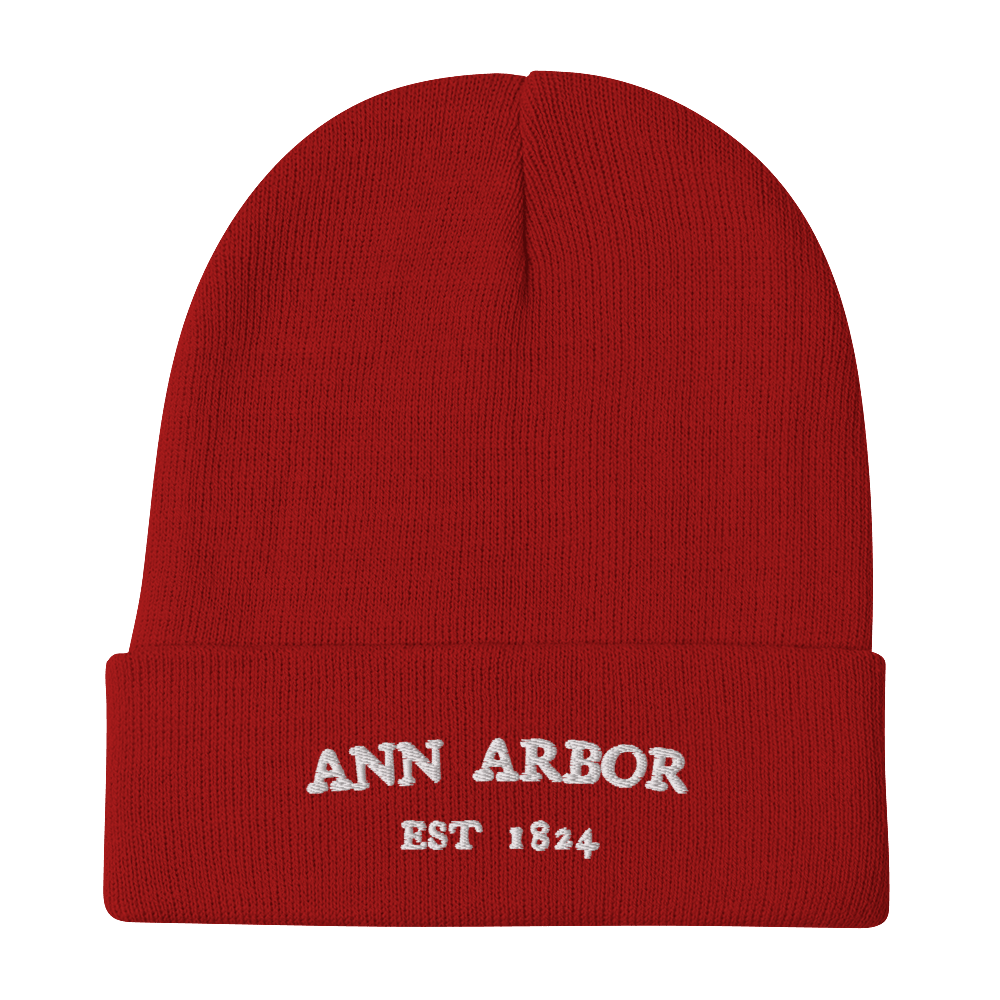 'Ann Arbor EST 1824' Winter Beanie | White/Navy Embroidery - Circumspice Michigan