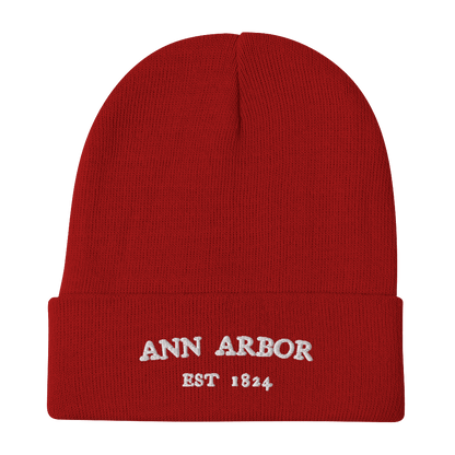 'Ann Arbor EST 1824' Winter Beanie | White/Navy Embroidery - Circumspice Michigan