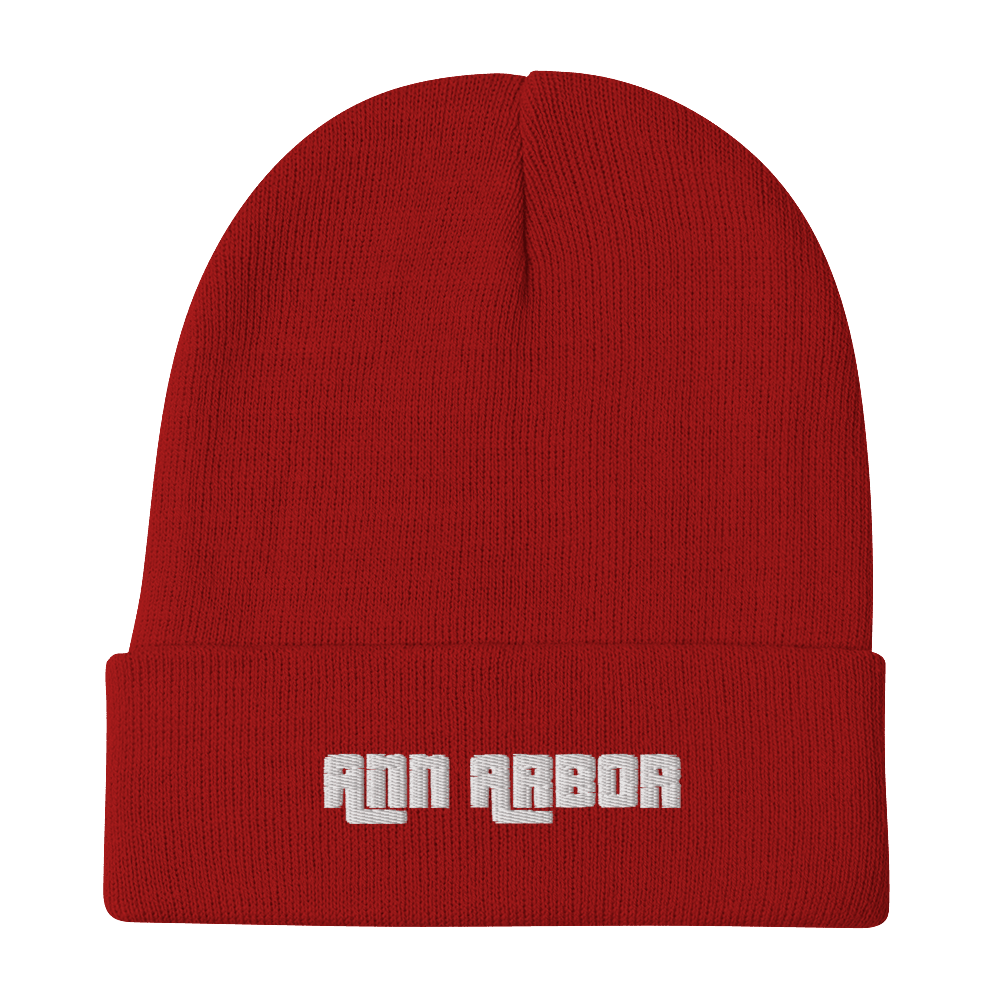 'Ann Arbor' Winter Beanie (1970s Font) | White/Black Embroidery - Circumspice Michigan