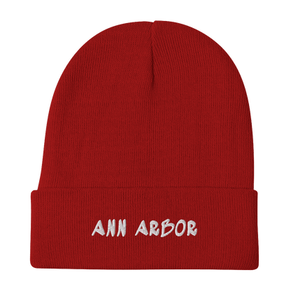 'Ann Arbor' Winter Beanie (1980's Hip Hop Font) | White/Black Embroidery - Circumspice Michigan