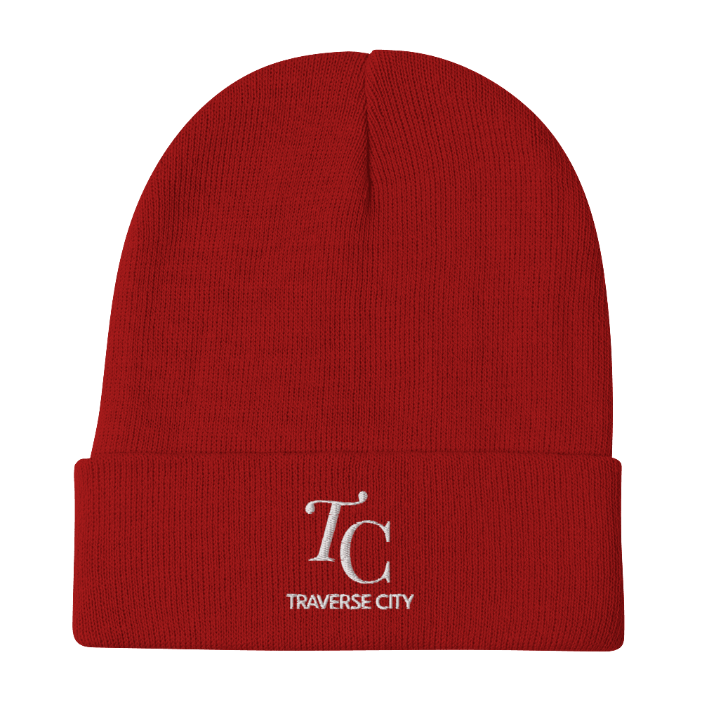 'TC Traverse City' Winter Beanie (Luxury Goods Parody) | White/Black Embroidery - Circumspice Michigan