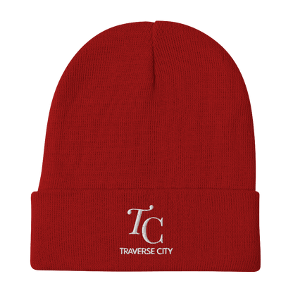 'TC Traverse City' Winter Beanie (Luxury Goods Parody) | White/Black Embroidery - Circumspice Michigan