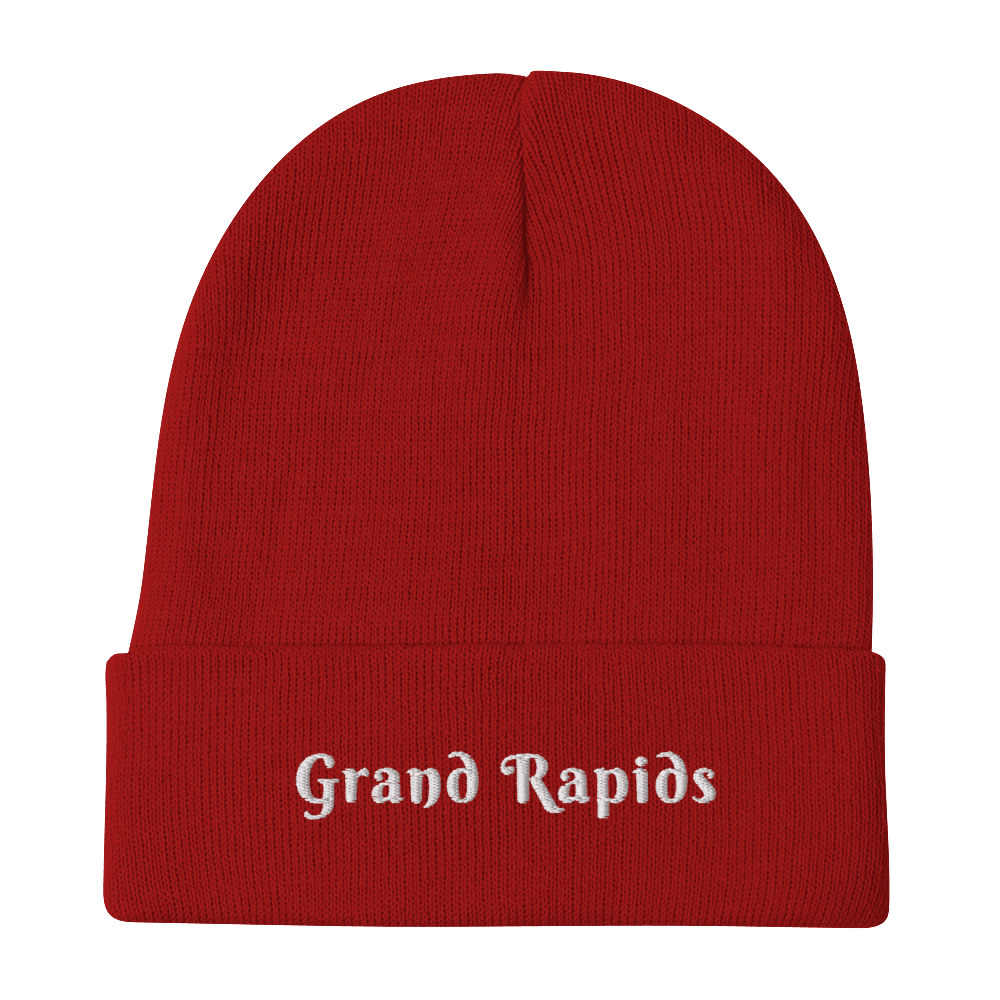 'Grand Rapids' Winter Beanie (Swash Font) | White/Navy Embroidery - Circumspice Michigan