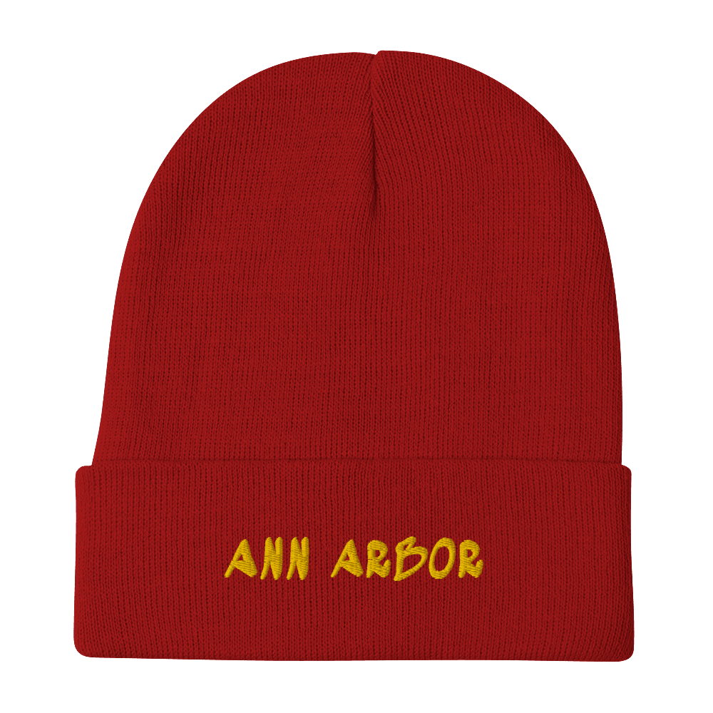 'Ann Arbor' Winter Beanie (1980's Hip Hop Font) | Gold Embroidery - Circumspice Michigan