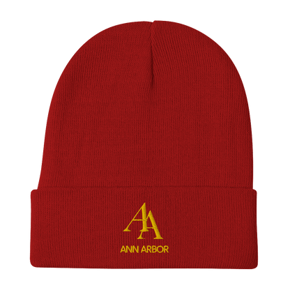 'AA Ann Arbor' Winter Beanie (Luxury Goods Parody) | Gold Embroidery - Circumspice Michigan