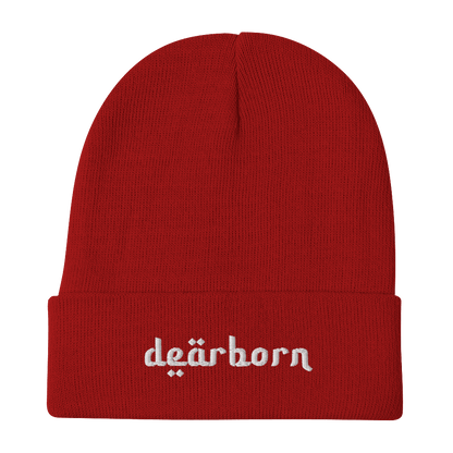 'Dearborn' Winter Beanie (Arabic-Style Font) | White Embroidery - Circumspice Michigan