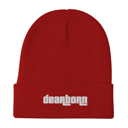 'Dearborn' Winter Beanie (1970's Font) | White/Black Embroidery - Circumspice Michigan