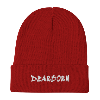 'Dearborn' Winter Beanie (1980's Hip Hop Font) | White/Black Embroidery - Circumspice Michigan