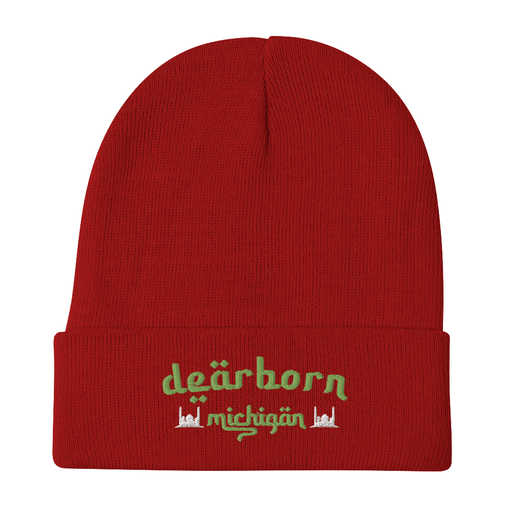 'Dearborn Michigan' Winter Beanie (Arabic Style Font w/Mosques Outlines) | Green Embroidery - Circumspice Michigan